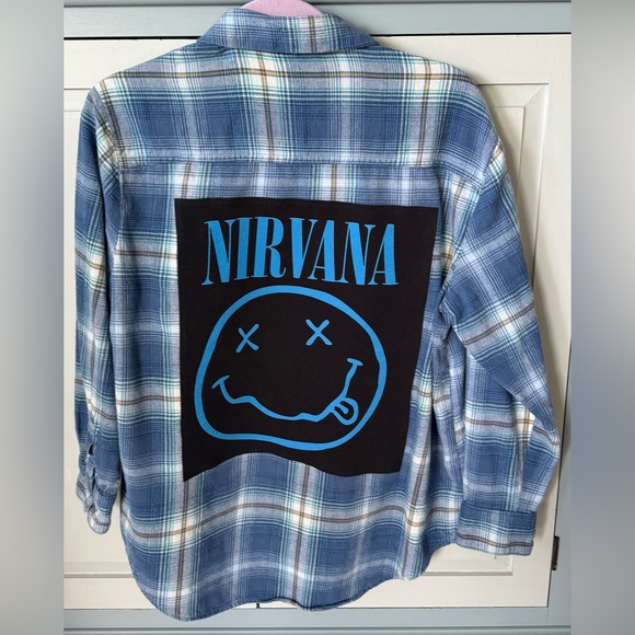 Hand Crafted Tops - Upcycled NIRVANA NEVERMIND Graphic Tee ON Flannel Shirt Size M CUSTOM OOAK